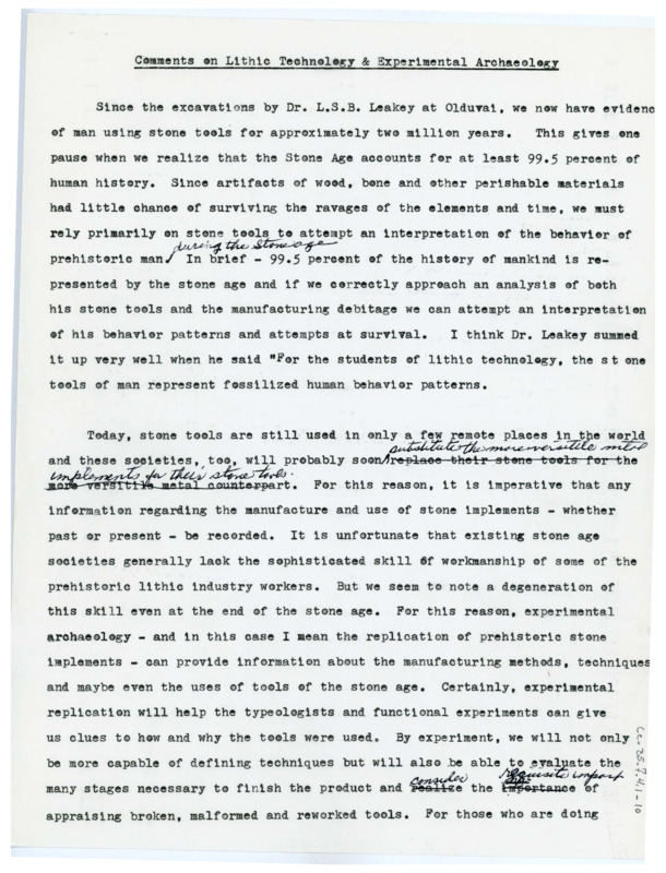 An article discussing lithic technology and experimental archaeology, with handwritten notes. Associated with item numbers: ce_b35_f7-item1 through ce_b35_f7-item4.