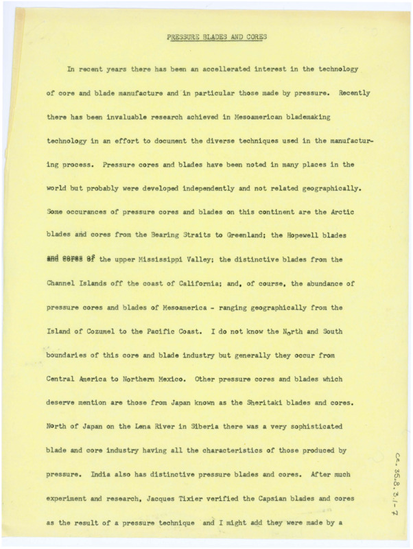 A paper discussing the pressure blades and cores created in Mesoamerica, with handwritten notes throughout. Associated with item numbers: ce_b35_f8-item1, ce_b35_f8-item3 through ce_b35_f8-item5, and ce_b35_f60-item1.