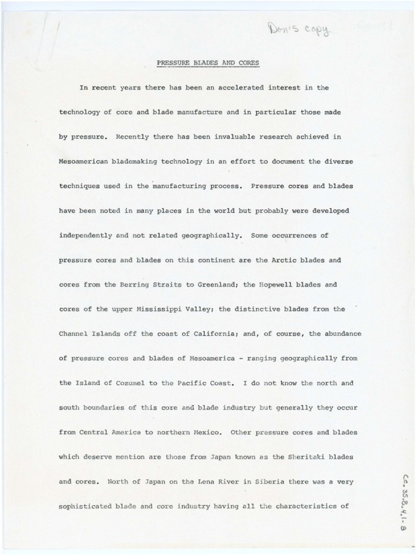 A paper discussing the pressure blades and cores created in Mesoamerica. The phrase "Don's copy" appears in the top right corner. Associated with item numbers: ce_b35_f8-item1, ce_b35_f8-item3 through ce_b35_f8-item5, and ce_b35_f60-item1.