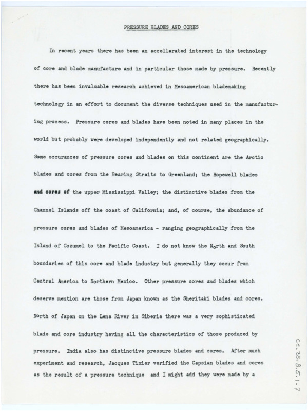 A paper discussing the pressure blades and cores created in Mesoamerica, with handwritten notes throughout. Associated with item numbers: ce_b35_f8-item1, ce_b35_f8-item3 through ce_b35_f8-item5, and ce_b35_f60-item1.