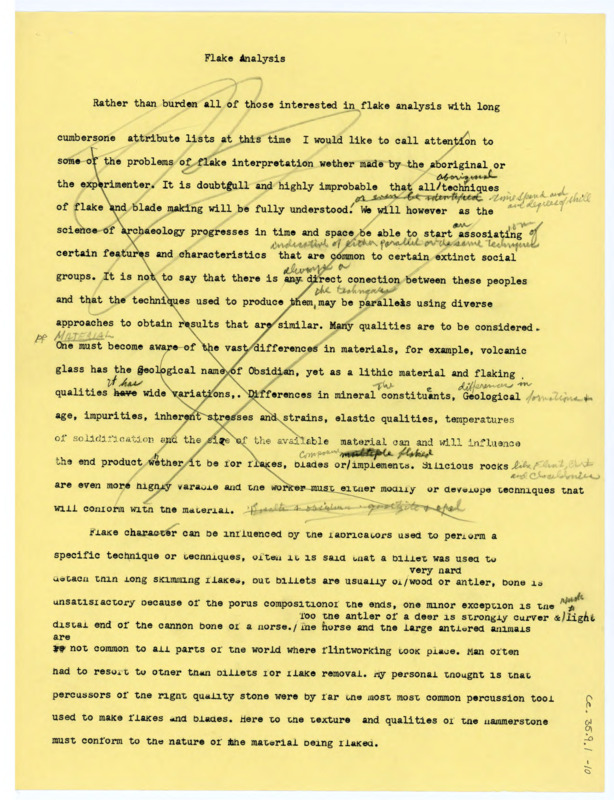 A draft of a paper on lithic flake analysis by Don Crabtree. Some sections are annotated or completely crossed out with pencil and pen.