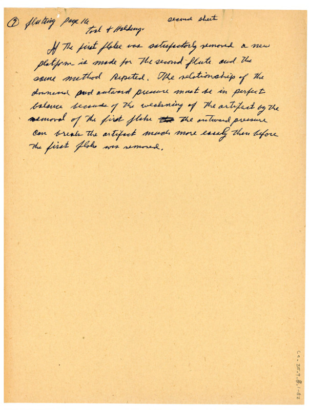 A drafted paper on flintknapping, flake analysis, and Folsam points. Parts are handwritten in pen, while others are printed with a typewriter. The pages are out of order, and annotated messily with pen. There are occasional hand-drawn diagrams.