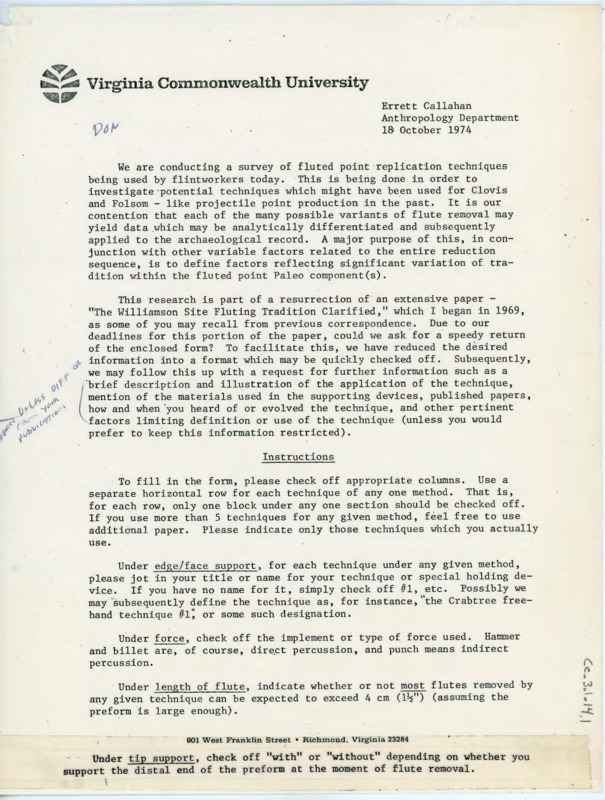 Letter to Donald Crabtree requesting feedback to a survey on fluted point replication techniques. Includes a list of flintworkers the survey hopes to reach, a chart for fluting data, and a letter discussing the laurel leaf discovery.