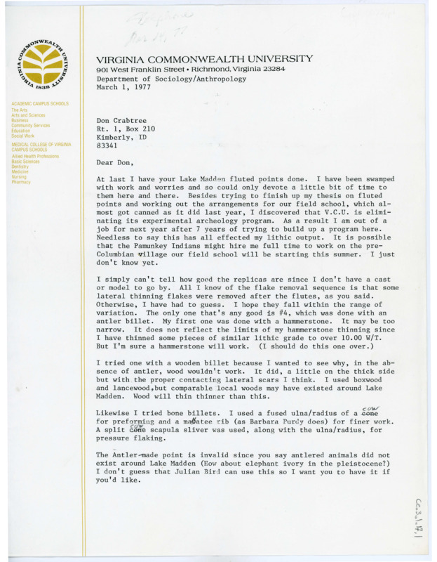 Letter to Donald Crabtree discussing his loss of employment and flute point analysis and technique.