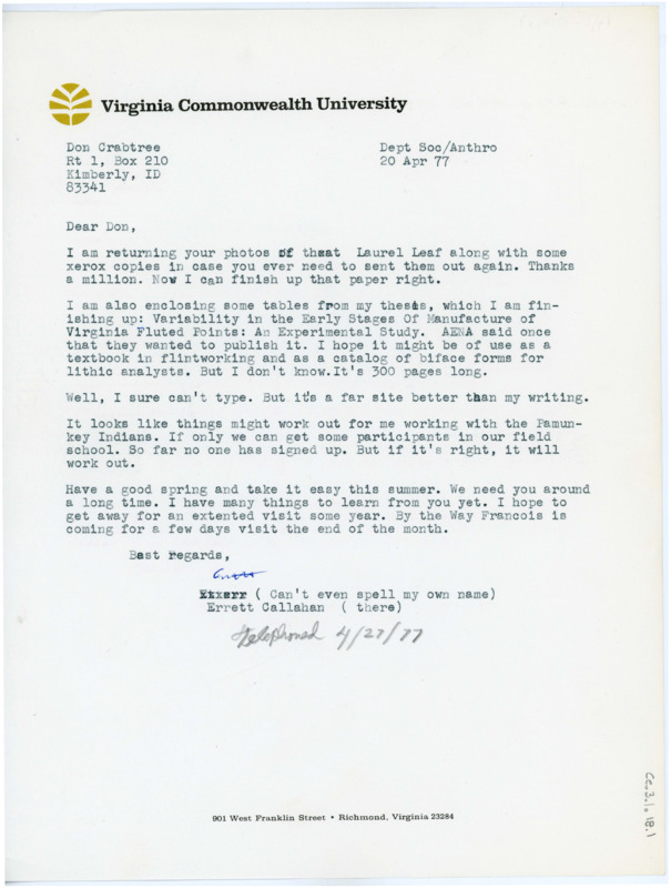 Letter to Donald Crabtree discussing the enclosed materials of Callahan's thesis and Laurel Leaf photos. The Letter also mentions a new field school and includes a handwritten note at the bottom of the page.