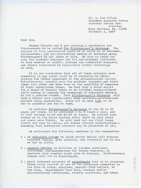 Letter to Donald Crabtree describing Errett Callahan and Jackie Nichols' new newsletter titled The Flintknapper's Exchange. The Letter asks for Crabtree's suggestions. Callahan also asks to use some of Crabtree's point drawings as a logo.