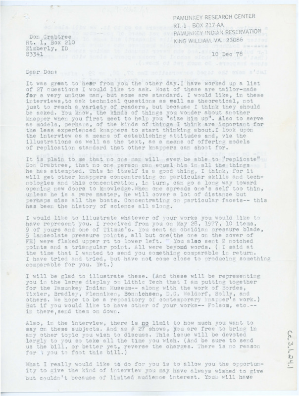 Letter from Errett Callahan including discussion of Crabtree's feature in the Flintknapper's Exchange as well as a list of interview questions. The second page seems to have some illegible notes made presumably by Crabtree.