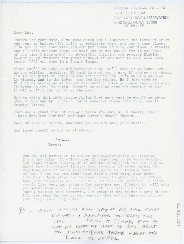 Letter from Errett Callahan detailing the results of Donald Crabtree's interview for the Flintknapper's Exchange. The letter discusses Callahan's recent struggles with flake replications. The second page is the cover of the newsletter.