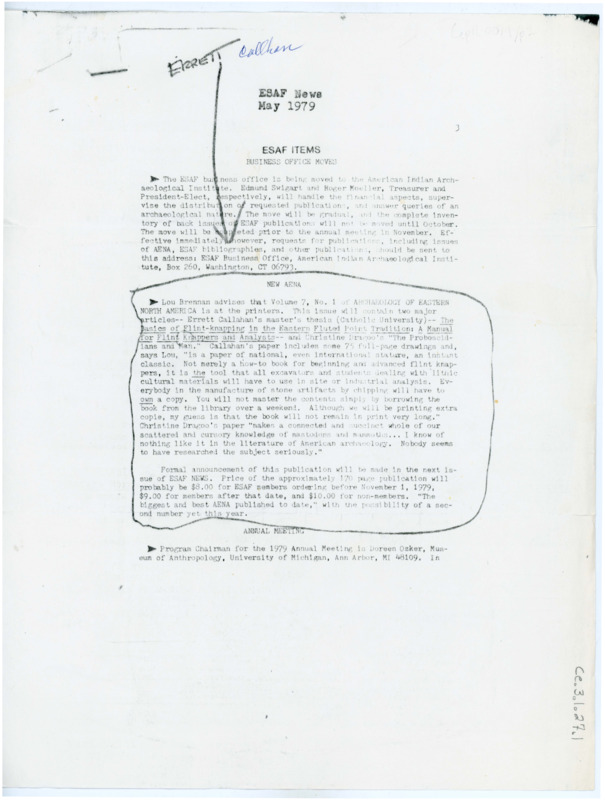 Notes from an ESAF meeting. Section announcing the inclusion of Errett Callahan's thesis in the next volume of "Archaeology of Eastern North America" is circled with an arrow drawn to it.