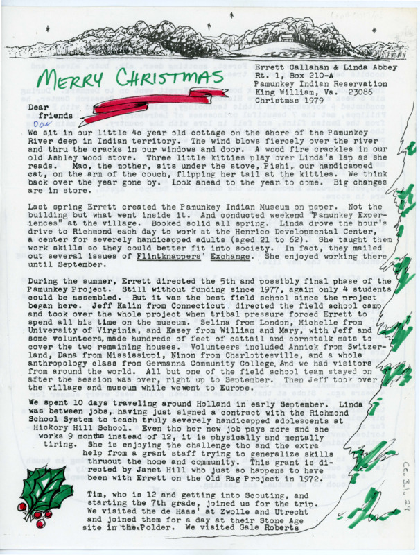 Christmas newsletter sharing the news of Errett Callahan and Linda Abbey's lives. The letter discusses new jobs, travel, and successes. Hand drawn details border the letter in red and green ink.