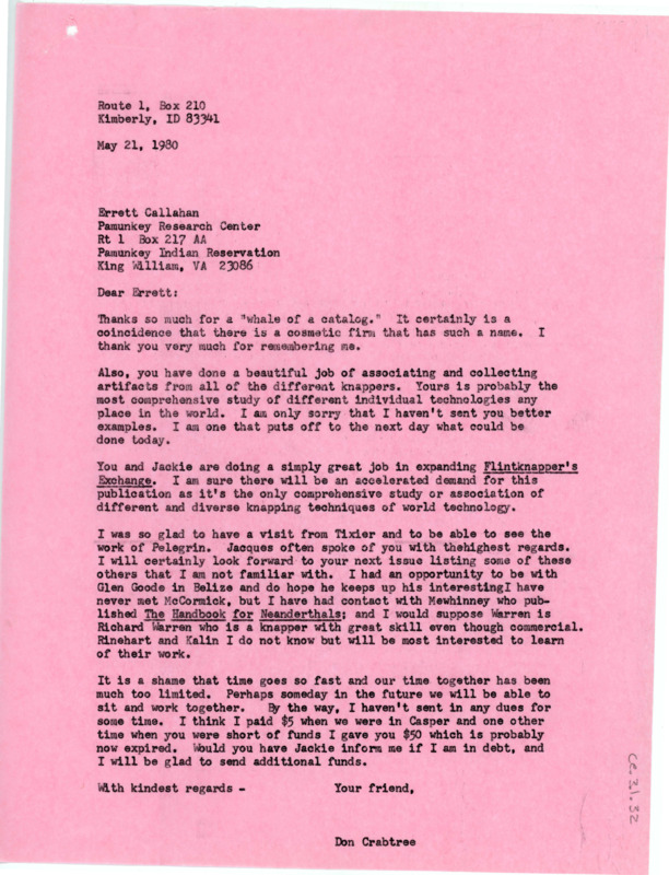 Letter to Errett Callahan complimenting Callahan's work, discussing the Flintknapper's Exchange and associated flintknappers.