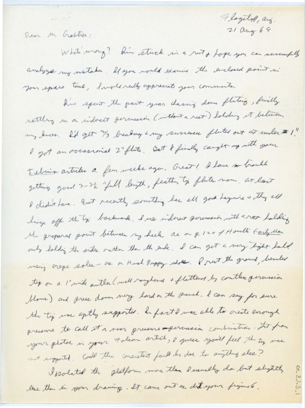 Letter to Donald Crabtree asking for advice on flintknapping. Includes a small example drawing.