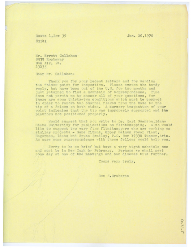 Letter to Errett Callahan discussing advice for Callahan's flintknapping. Crabtree suggests contacting Dr. Earl Swanson of Idaho State University for more flintknapping publications.