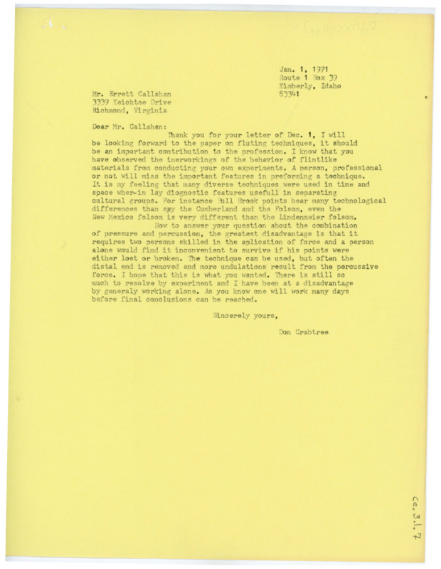 Letter to Errett Callahan giving advice and answering questions on flintknapping techniques.