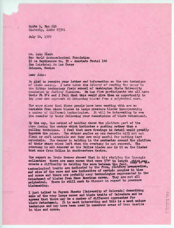 Letter to John Clark explaining that Crabtree sent Clark's paper to Washington State University's lithic technology field school. Includes critiques of Clark's thesis paper on a new technique for detaching blades from polyhedral cores.