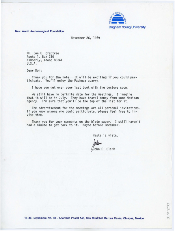 Letter to Donald Crabtree discussing the upcoming Pachuca quarry symposium and how Crabtree will be able to attend. Clark asks Crabtree to invite any others who may be interested.