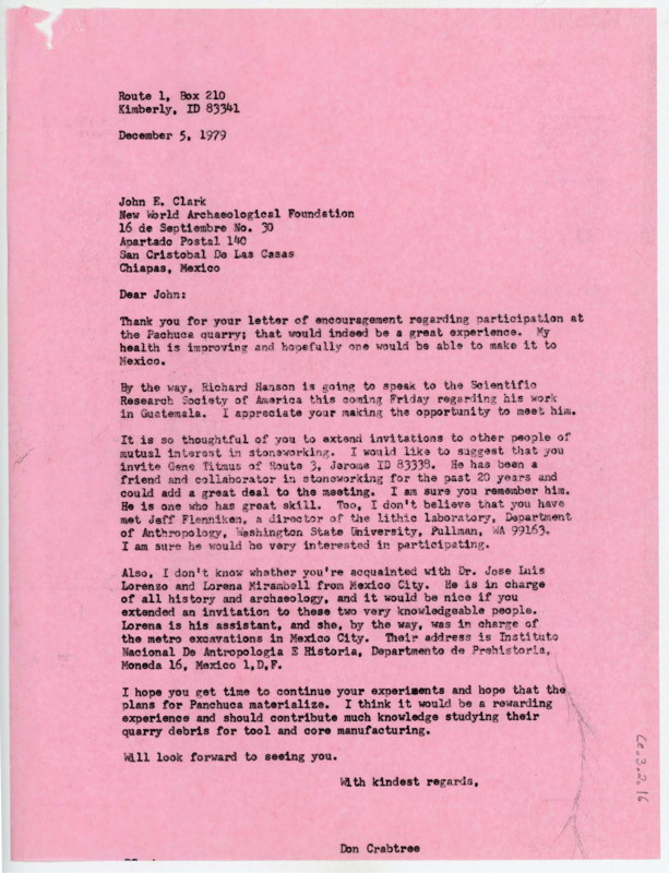 Letter to John Clark discussing the upcoming Pachuca quarry symposium. He asks Clark to invite Gene Titmus, Jeff Flenniken, Jose Luis Lorenzo, Lorena Mirambell to the symposium.