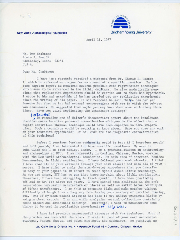 Letter to Donald Crabtree enclosing the details of the Pachuca conference titled, Obsidian in Mesoamerica. The letter explains some of the topics featured in the conference. The poster seems to be the original Spanish translation of the same information in the letter.