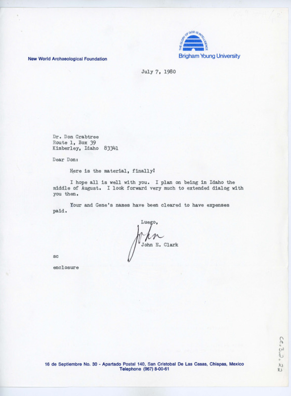 Letter to Donald Crabtree explaining some details of the Pachuca conference and informing Crabtree of Clark's next visit to Idaho.