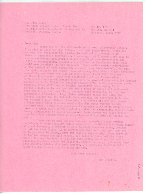 Letter to Donald Crabtree enclosing the details of the Pachuca conference titled, Obsidian in Mesoamerica. The letter explains some of the topics featured in the conference. The poster seems to be the original Spanish translation of the same information in the letter.