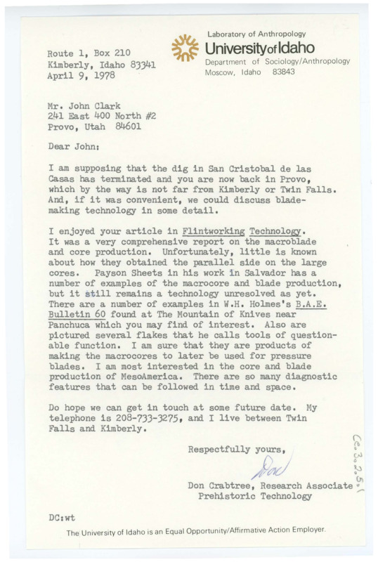 Letter inviting Clark to discuss blademaking technology at some point in the future. The letter then goes on to discuss Clark's recent article, and who Crabtree suggests Clark use as references. Includes the envelope returned to the sender, Crabtree.