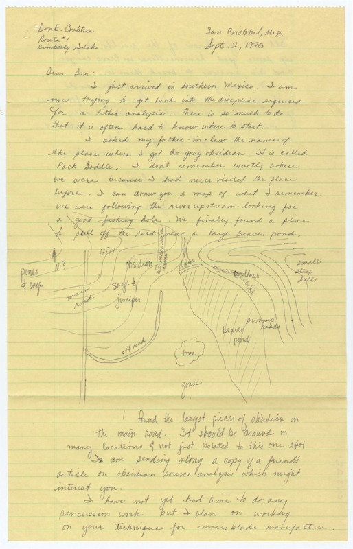 Letter in which Clark describes the area he found different obsidian in Mexico. Clark includes a detailed drawing of the area discusses his current and future work. Includes the envelope.