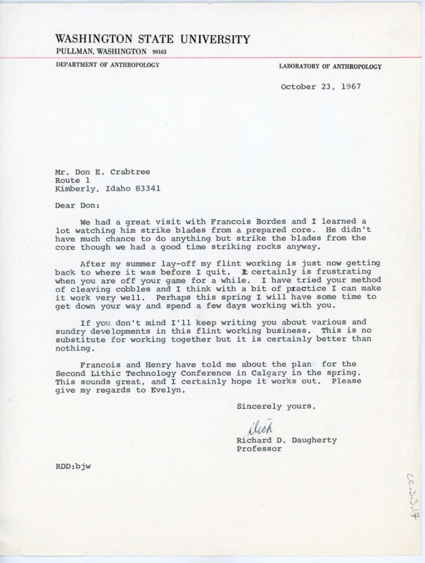 Letter to Donald Crabtree discussing a meeting with Francois Bordes where they practiced flintknapping. Daugherty discusses his experiments with flintknapping, and future archaeological plans.