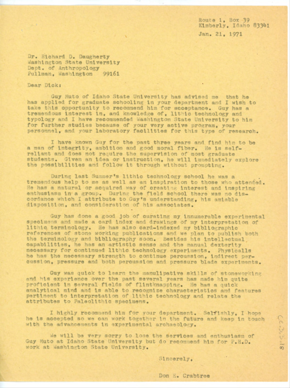 Letter of recommendation to Richard Daugherty for Guy Muto. Crabtree highly recommends Muto for Washington State University's anthropology graduate department.