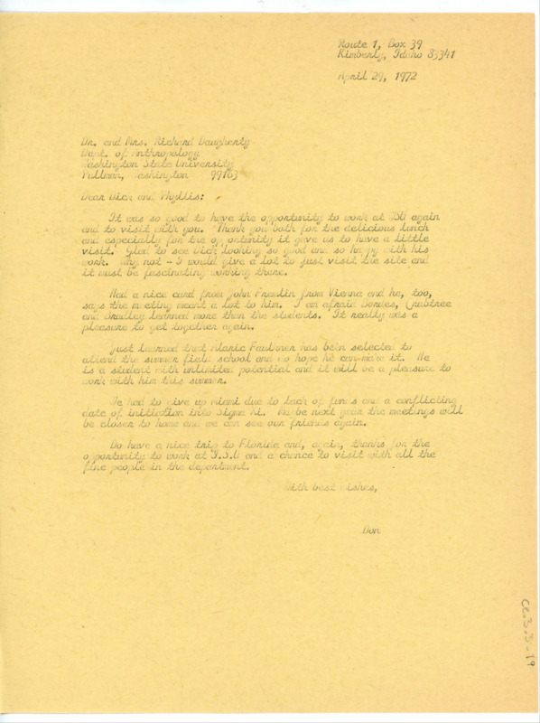 Letter to Richard and Phyllis Daugherty thanking them for their hospitality during Crabtree's visit to Washington State University. Crabtree extends thanks from John Fremlin, and is excited that Maric Faulkner will be at the summer field school.