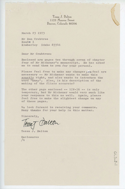 Typewritten letter to Donald Crabtree asking him to review Mr. Michener's manuscript. The letter includes some specific questions for Crabtree to consider during his edit.