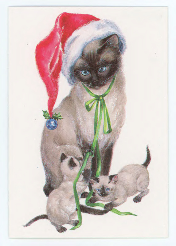 Holiday card to Donald Crabtree. The outside has drawings of cats and the inside contains handwritten signatures of the Daughertys. Includes the envelope.