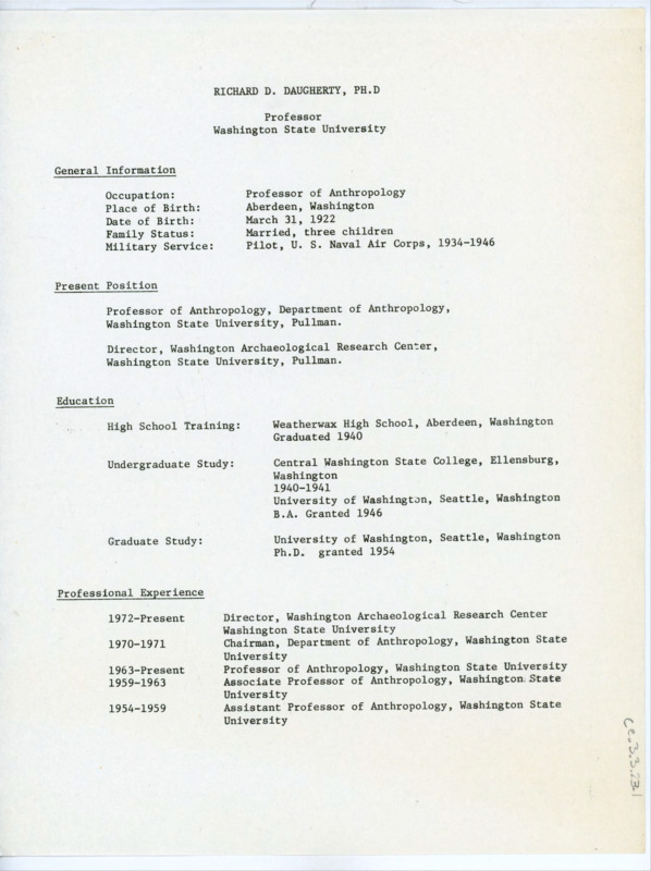 Comprehensive resume of Richard D. Daugherty, professor at Washington State University.