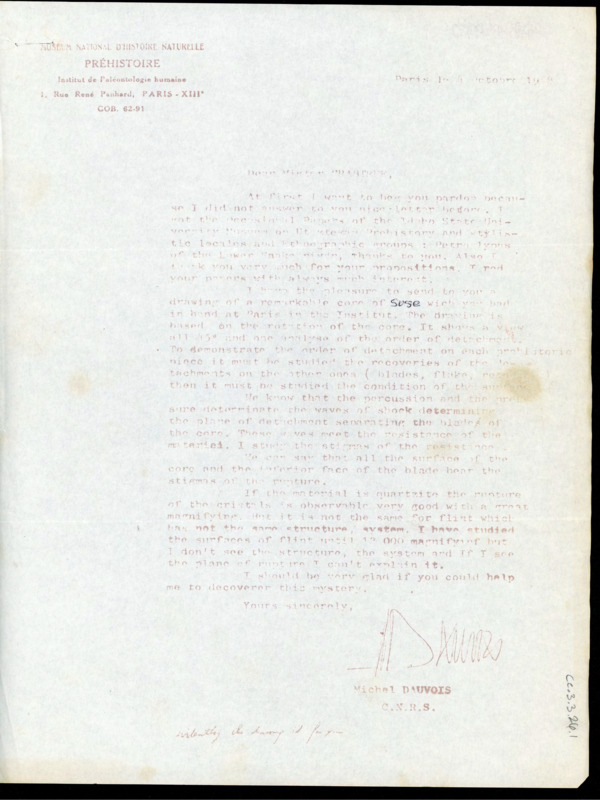 Letter to Donald Crabtree discussing some drawings of a suse core that Dauvois needs help identifying and analyzing. Includes a series of drawings of the suse core with labels.