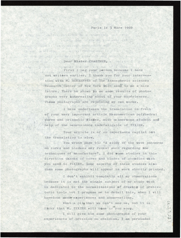 Letter to Donald Crabtree discussing Crabtree's article on Mesoamerican polyhedral cores and prismatic blades. Dauvois is struggling to translate the article into French, so he suggests some word replacements. Includes the envelope.