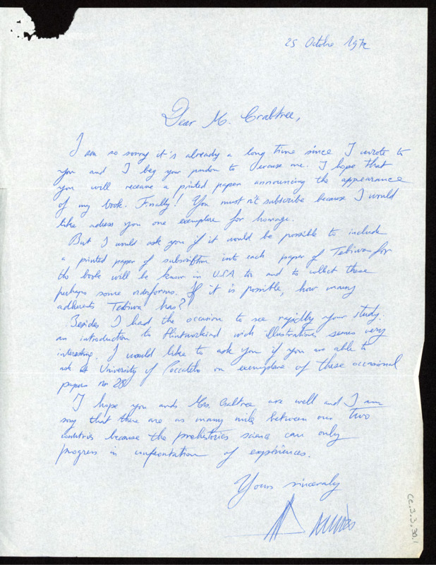 Letter to Donald Crabtree discussing Dauvois' upcoming book. Dauvois asks Crabtree if it would be possible to include a publication announcement in the Tebiwa Journal. Includes the envelope.