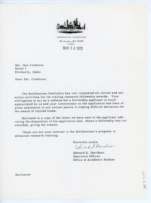 Letter thanking Crabtree for his letter of reference on behalf of Carl Phagan.