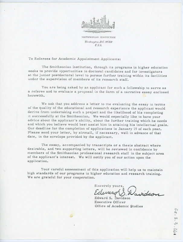 Letter to all referees for academic appointment applicants. Davidson informs Crabtree he is being asked by an applicant to the Smithsonian's doctoral research program to write a letter of recommendation and evaluate an essay proposal for the applicants project.