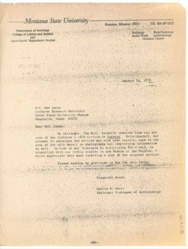 Letter to Mae Jones explaining Davis's issues making a copy of Crabtree's 1970 article. Davis asks for a new copy of the original article.