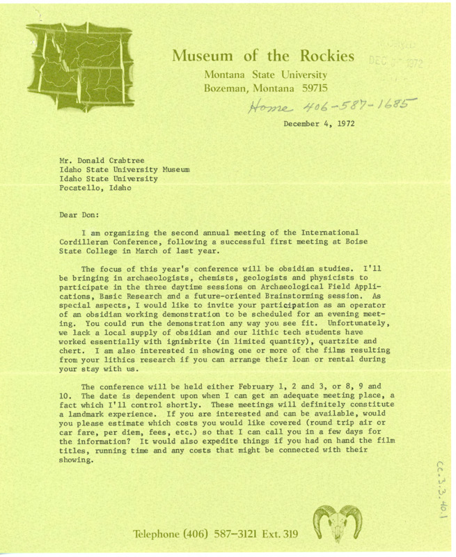 Letter to Donald Crabtree discussing the upcoming International Cordilleran Conference on obsidian studies. Davis invites Crabtree to run an obsidian working demonstration, share some of his films, and discuss flintknapping at the conference.