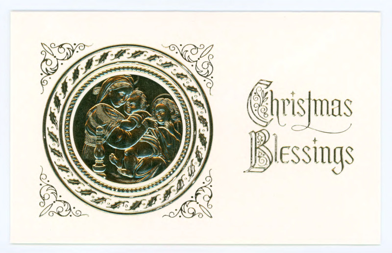 Christmas card to Donald Crabtree with a gold foil image on the front of the card. Includes the envelope for the card.