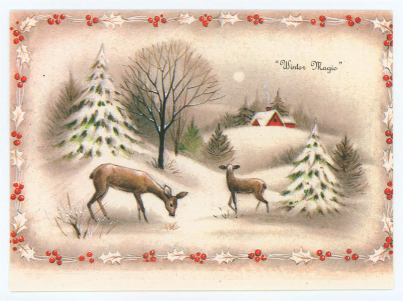 Christmas card to Donald Crabtree from Les and Virginia. Front of the card is a snowy deer scene.