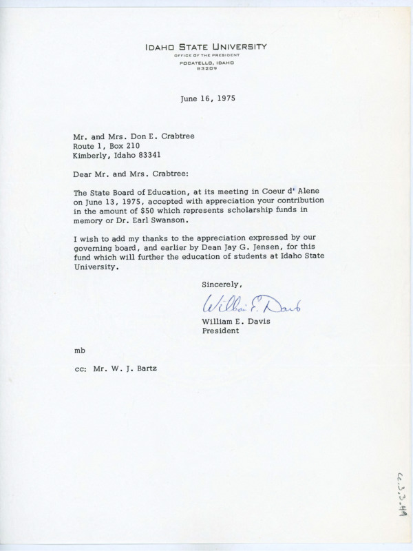 Letter to Donald and Evelyn Crabtree thanking them on behalf of the State Board of Education for their donation to the scholarship fund in memory of Earl Swanson. Davis thanks them for Jay G. Jensen and Idaho State University's governing board.