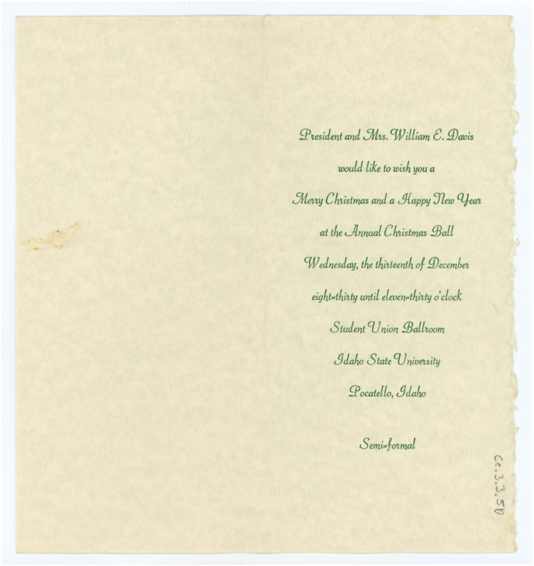 Invitation to Donald Crabtree to Idaho State University's annual Christmas Ball.