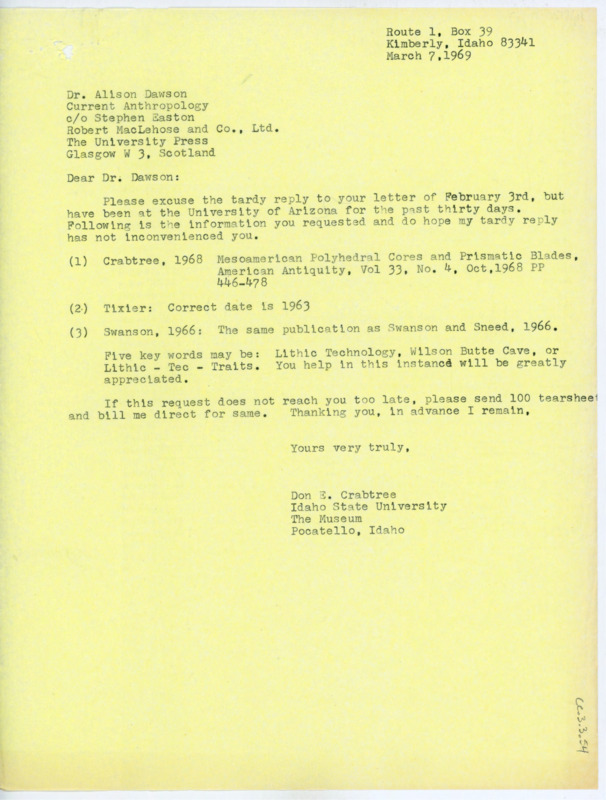 Letter to Alison Dawson in which Crabtree makes some corrections to his paper that was published in "Current Anthropology" and gives five key descriptive words.