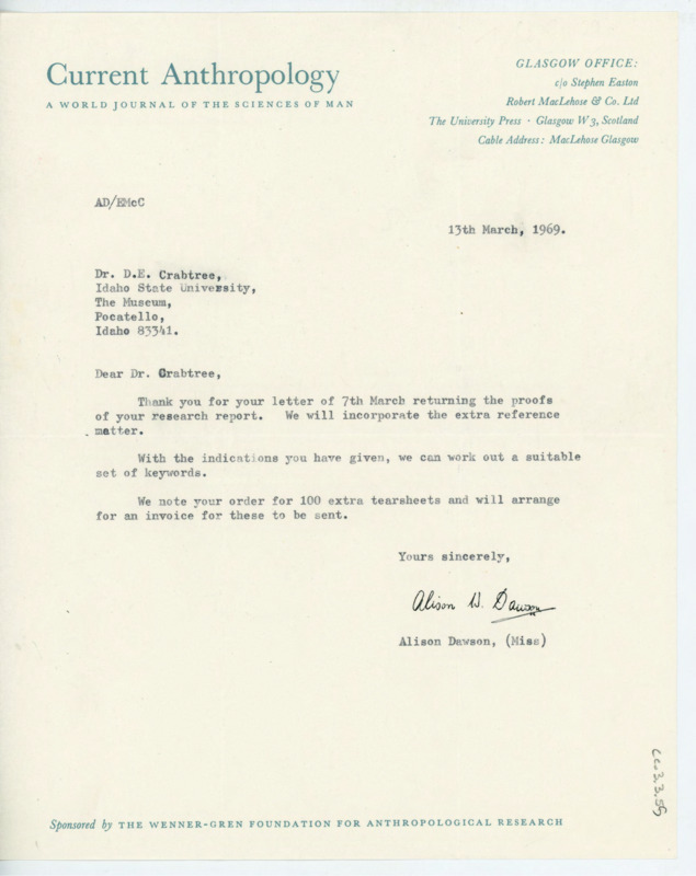 Letter to Donald Crabtree thanking him for his corrections made to the article, and noting that he ordered 100 extra tearsheets of the print.