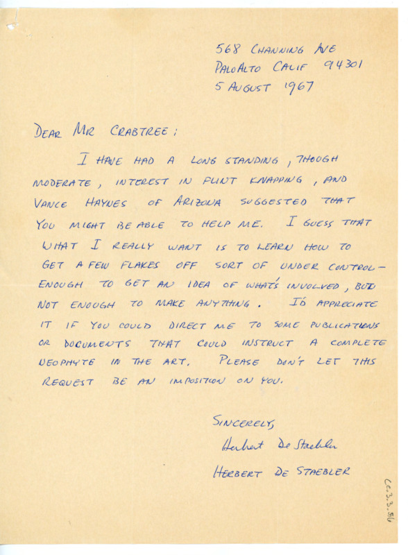 Letter to Donald Crabtree asking for advice on flintknapping. He hopes Crabtree can direct him to helpful publications on the flaking technique of flintknapping.