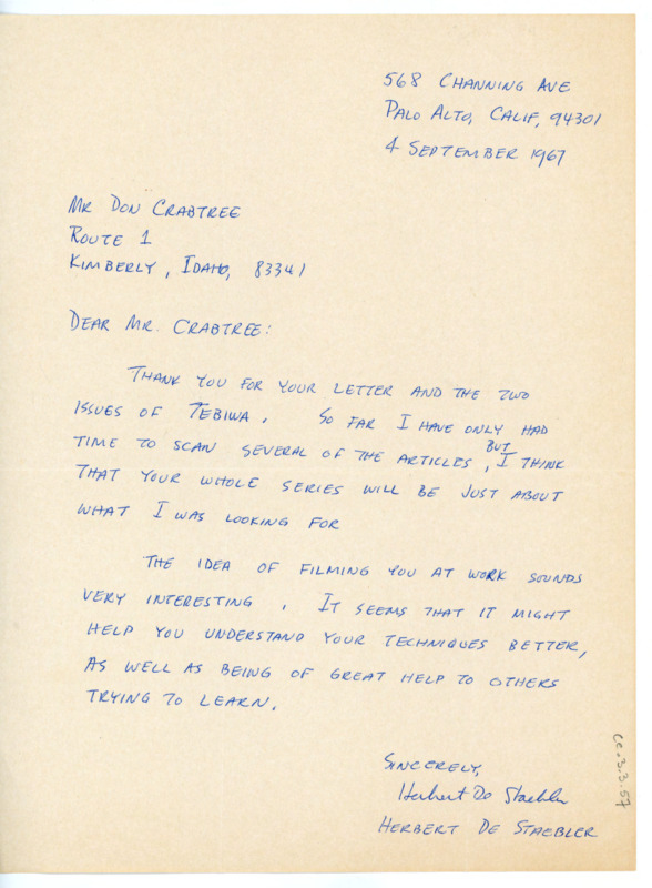 Letter to Donald Crabtree thanking Crabtree for the suggestion of the Tebiwa articles and for helping him learn how to flintknap. Staebler notes that filming while doing flintknapping work would be helpful to understand technique.