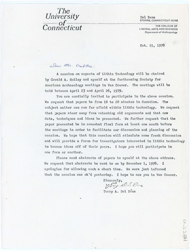 Invitation for Donald Crabtree to participate in the Lithic Technology session of a Society for American Archaeology meeting. Del Bene requests Crabtree to present a paper of new technology and findings as well as turn in an abstract before the meeting. Includes the envelope.