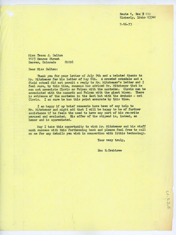 Letter to Tessa J. Dalton and James Michener informing Michener of an error in his association with Clovis and Folsom points with the mastodon in his manuscript of "Centennial."