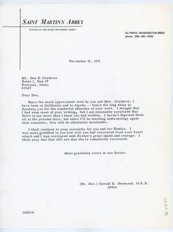 Letter to Donald Crabtree thanking him for sharing his writing and notes that it will be useful while he is teaching anthropology. Desmond writes he will continue praying for Donald and Evelyn Crabtree's health.